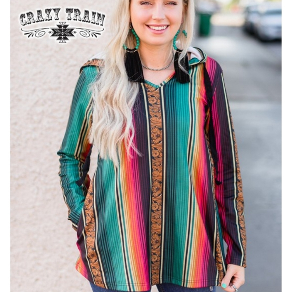 Crazy Train Multicolor Striped Serape Hoodie Top